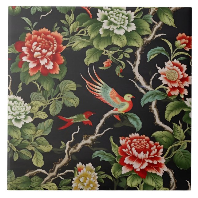 azulejo com padrão floral vermelho e verde chinês (Frente)
