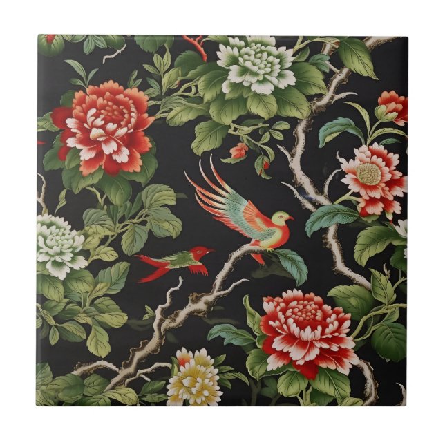 azulejo com padrão floral vermelho e verde chinês (Frente)