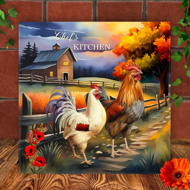 Azulejo da Cozinha de Fazenda de Belas Artes (Kitchen tile featuring a colorful fine art painting of a rooster and chicken)