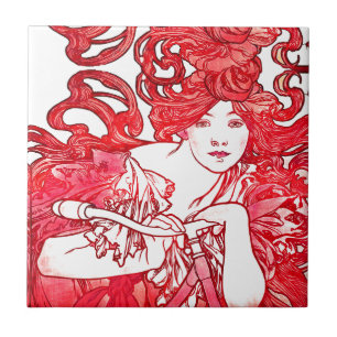Azulejo da senhora Mucha Vermelho Cabelo Bicicleta