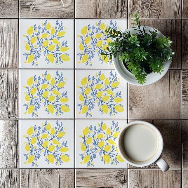Azulejo das vinhas de limão amarelas e azuis (Yellow and Blue Lemon Vines, bright mediterranean style tile)