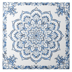 Azulejo de acento de flor azul marroquino Mandala