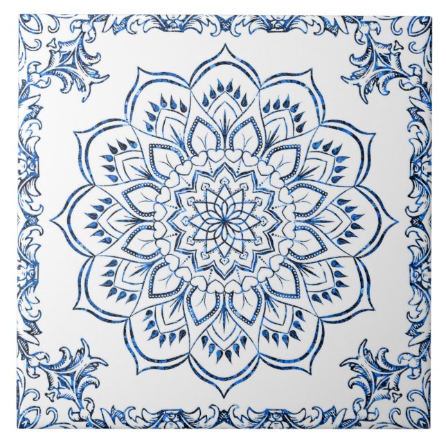 Azulejo de acento de flor azul marroquino Mandala (Frente)