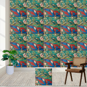 Azulejo de Arte Chinesa com Pássaro Azul e Flor