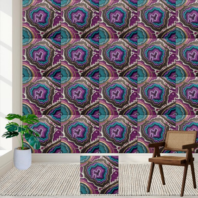 Azulejo de Arte de Estilos Teais e Roxos (Teal and Purple Geode Resin Art Tile)