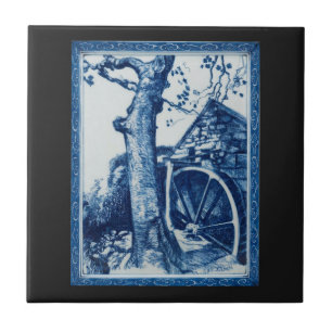 Azulejo de Arte em Cerâmica Azul Cobalto de Moinho