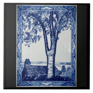 Azulejo de Arte em Cerâmica Azul Cobalto Farm Tree