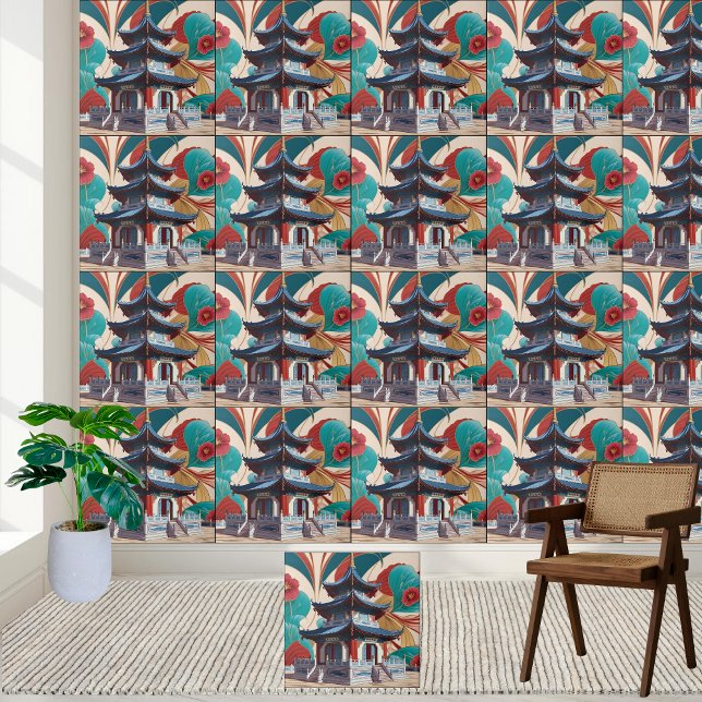 Azulejo de Arte Floral Chinoiserie Pagoda inspirad (Asian-Inspired Floral Art Chinoiserie Pagoda Tile)