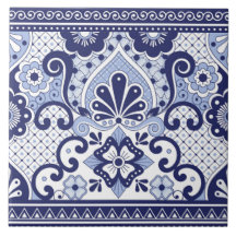 Azulejo de Arte Folclórica Mexicana Azul e Branco