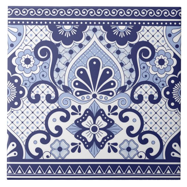 Azulejo de Arte Folclórica Mexicana Azul e Branco (Frente)