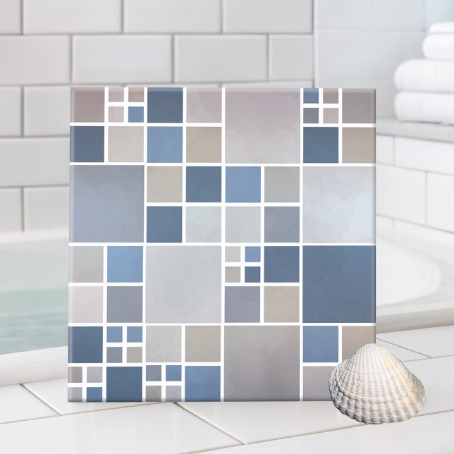 Azulejo de Banheira Mosaica Blue Beach (Bathroom tile featuring a geometric mosaic pattern with watercolor effects inspired by the beach)