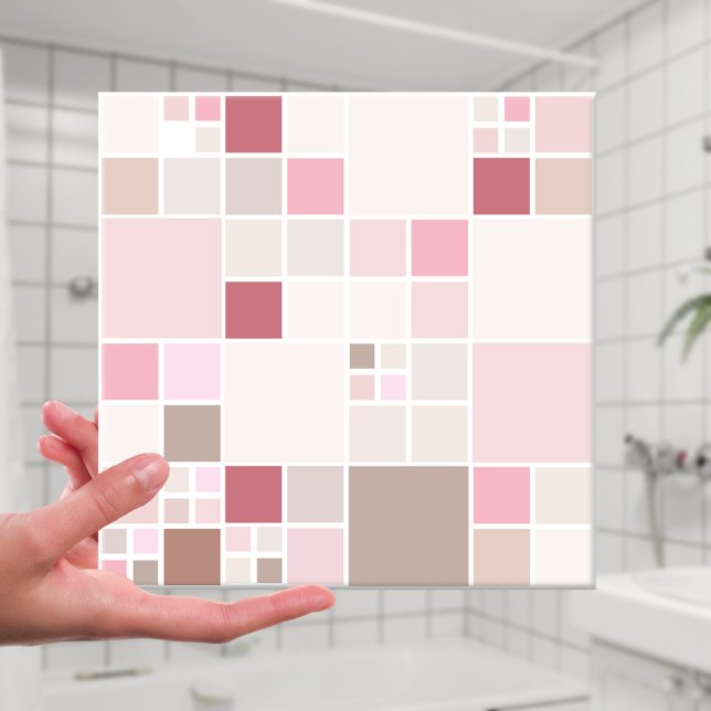 Azulejo de Banheira Rosa-Rosa-Rosa-Cinza-Chic Peac (Modern bathroom tile featuring a checkered pattern in soft pastel peach, pink and sandy brown)