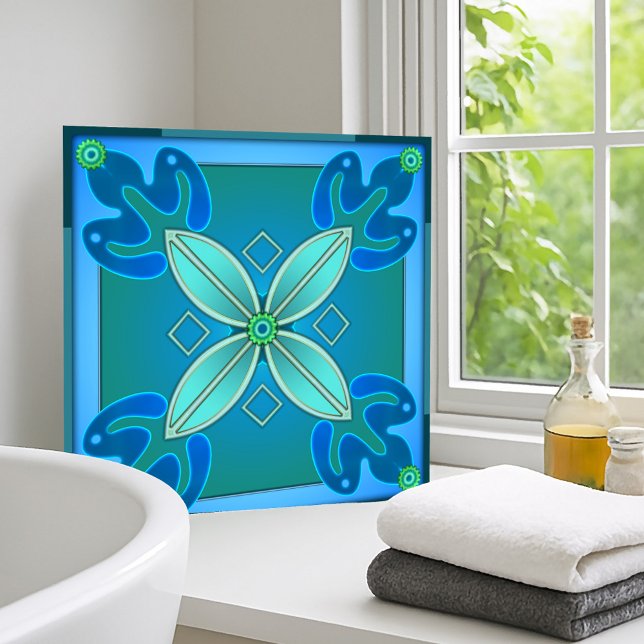 Azulejo de Banheiro Floral de Design Teal Artístic (Modern geometric floral design tile for bathroom or kitchen in teal and blue green)