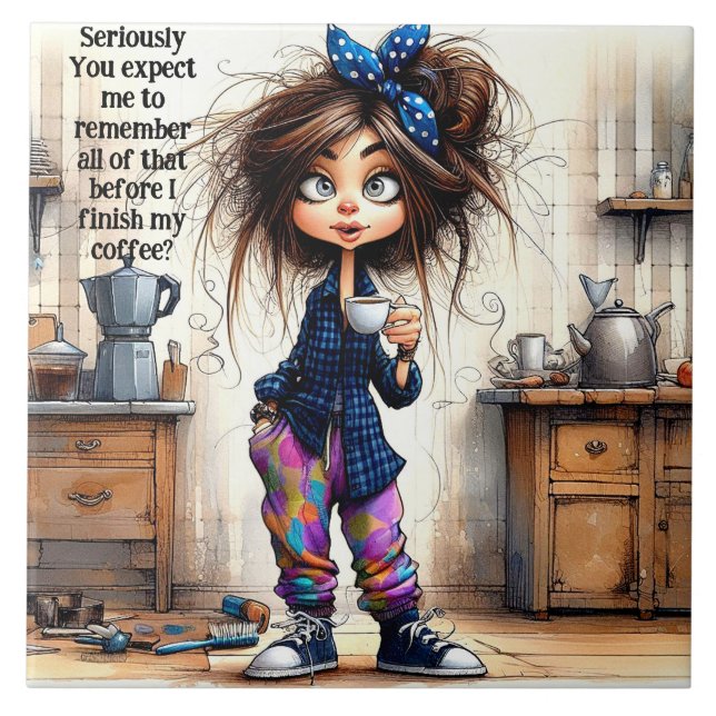 Azulejo De Café Quirky Lady Seriamente Cerâmica (Frente)