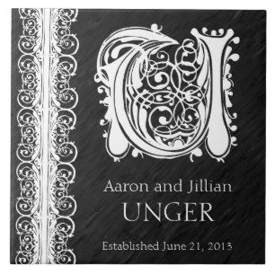 Azulejo de Casamento U Monogramo "White Lace on Bl