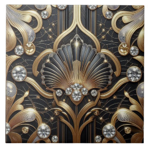 Azulejo de Cerâmica Art Déco Preto e Dourado de Lu
