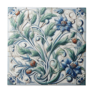 Azulejo de cerâmica azul e branca com raízes