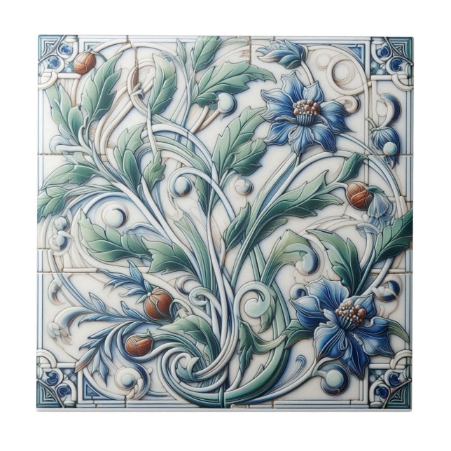 Azulejo de cerâmica azul e branca com raízes (Frente)