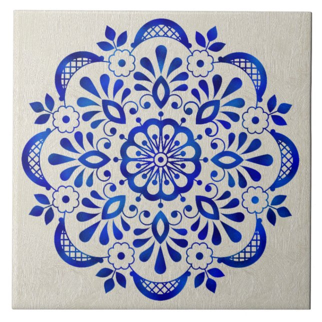 Azulejo de cerâmica bonito de Mandala Floral Azul (Frente)