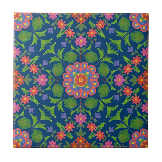 Azulejo De Cerâmica Chic Floral Rangoli Deep Blue (Frente)