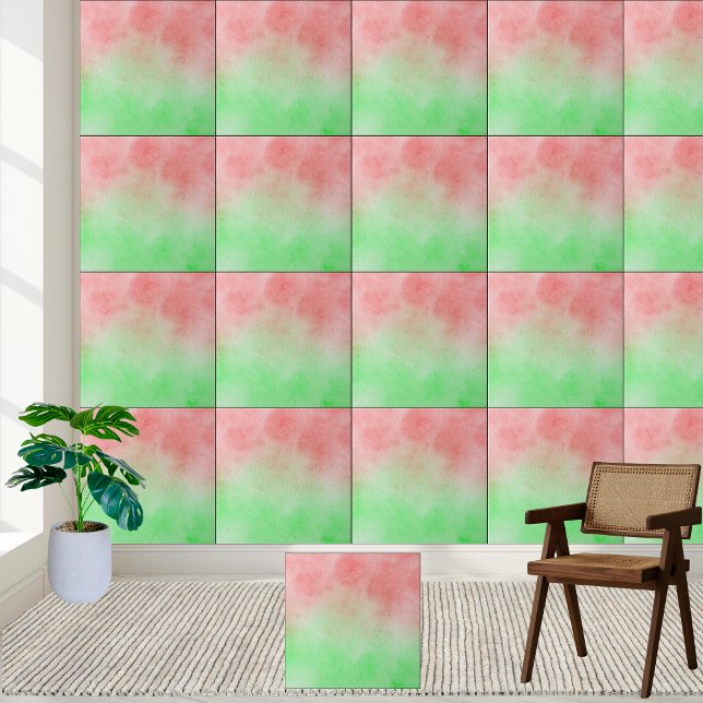 Azulejo de Cerâmica com Gradação Vermelha e Verde (Watercolor Red and Green Gradient Ceramic Tile)