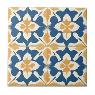 Azulejo de Cerâmica com Padrão Azul e Dourado