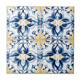 Azulejo de Cerâmica com Padrão Azul e Dourado