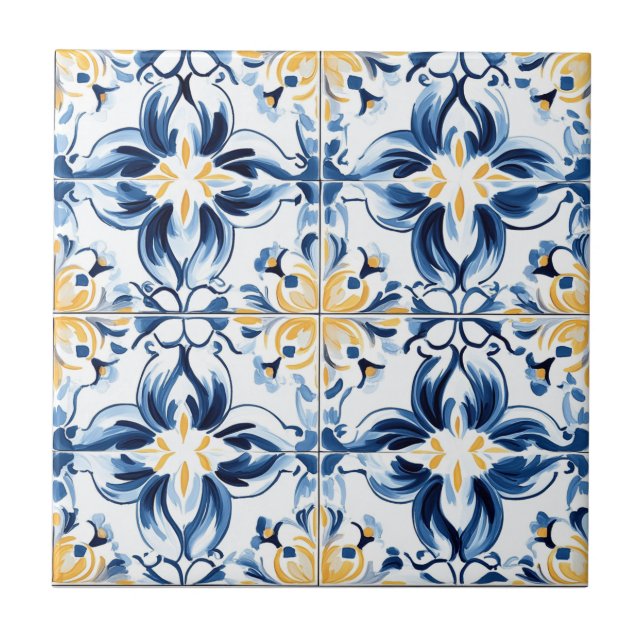 Azulejo de Cerâmica com Padrão Azul e Dourado (Frente)