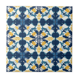 Azulejo de Cerâmica com Padrão Azul e Dourado
