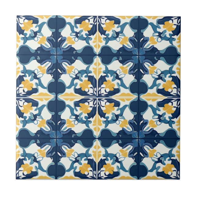 Azulejo de Cerâmica com Padrão Azul e Dourado (Frente)