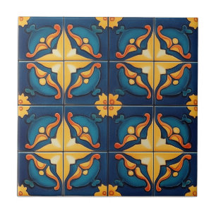 Azulejo de Cerâmica com Padrão Azul Laranja e Amar