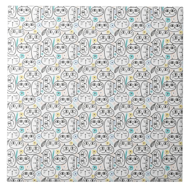 Azulejo de cerâmica com padrão de cabeça de gato (Frente)