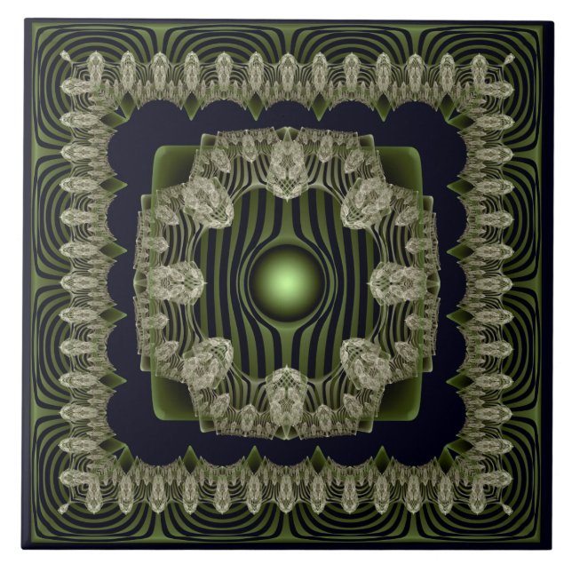Azulejo de cerâmica com padrão de fractal verde (Frente)