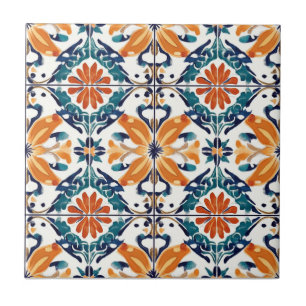 Azulejo de Cerâmica com Padrão Laranja Azul e Amar