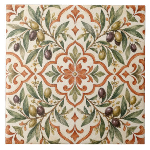 Azulejo de Cerâmica com Ramo de Oliveira Mediterrâ