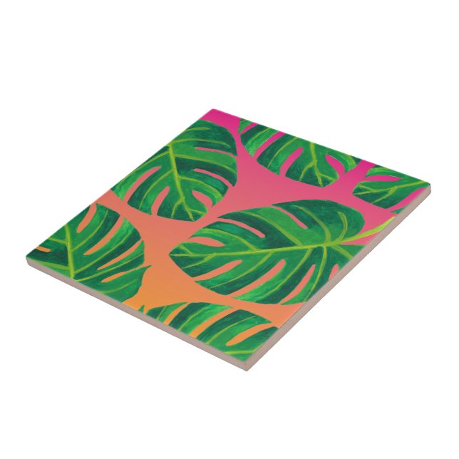 Azulejo de cerâmica cor-de-rosa com folhas tropica (Lateral)