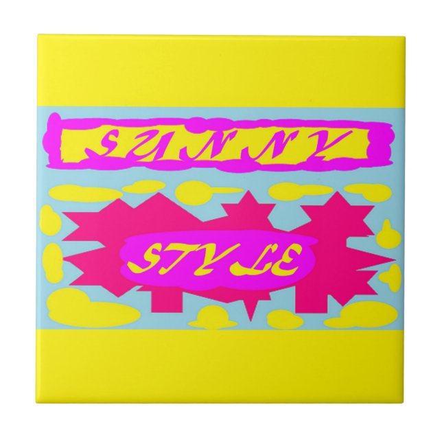 Azulejo de cerâmica, cor-de-rosa e amarelo, com pa (Frente)