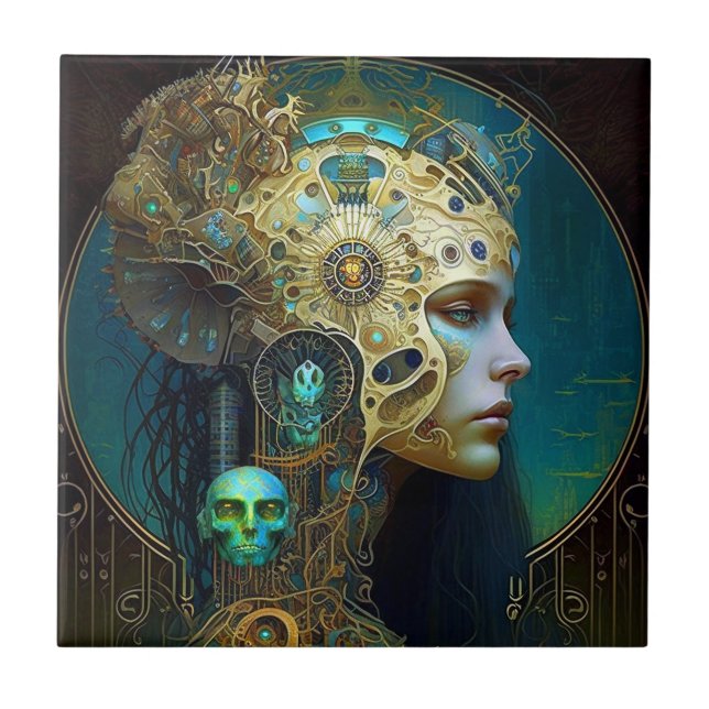Azulejo de cerâmica Cyborg Fantasy Sci-Fi (Frente)