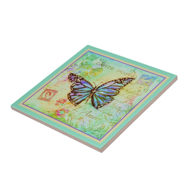 Azulejo de cerâmica de borboleta azul-verde e roxa (Lateral)