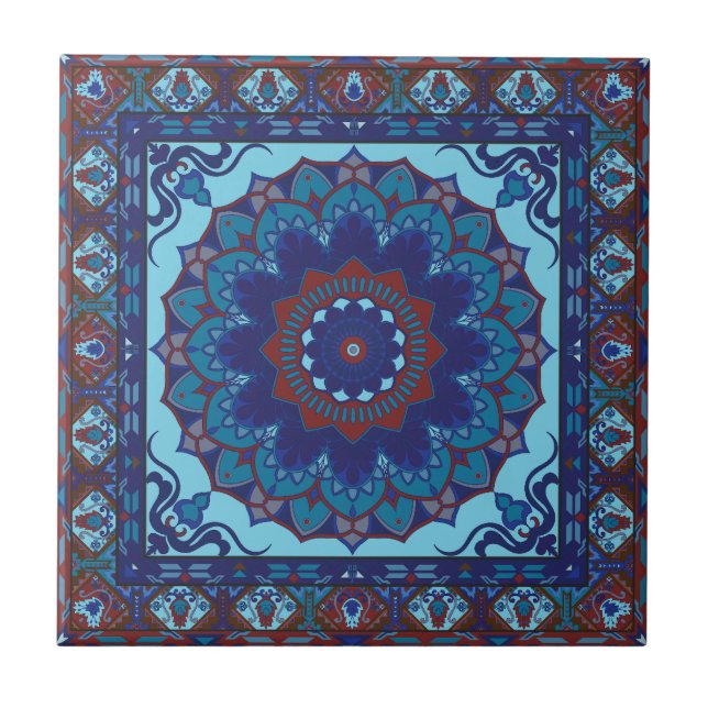 Azulejo De Cerâmica De Padrão Vermelho E Azul Islâ (Frente)