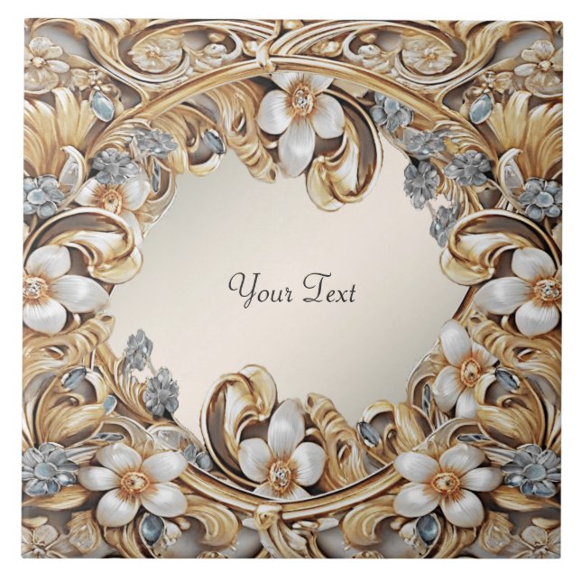 Azulejo de cerâmica Dourada e decorativa branca fl (Frente)