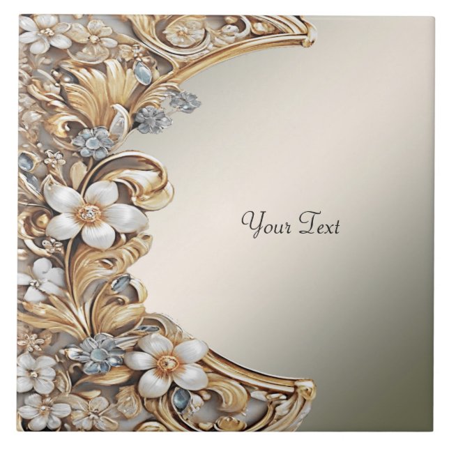 Azulejo de cerâmica Dourada e decorativa branca fl (Frente)