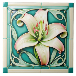 Azulejo de cerâmica em estilo Arte Nova com lírio.