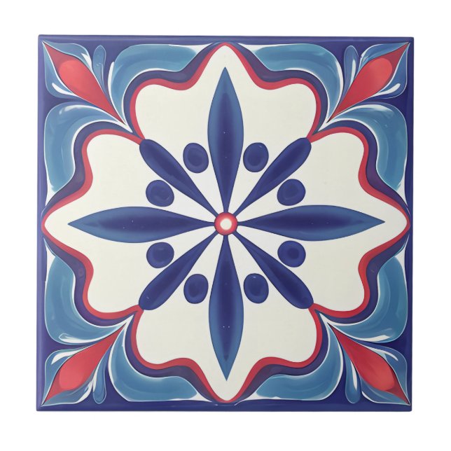 Azulejo de cerâmica floral azul e vermelha (Frente)