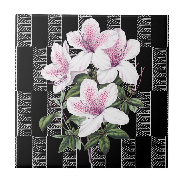  Azulejo de cerâmica floral branco preto (Frente)