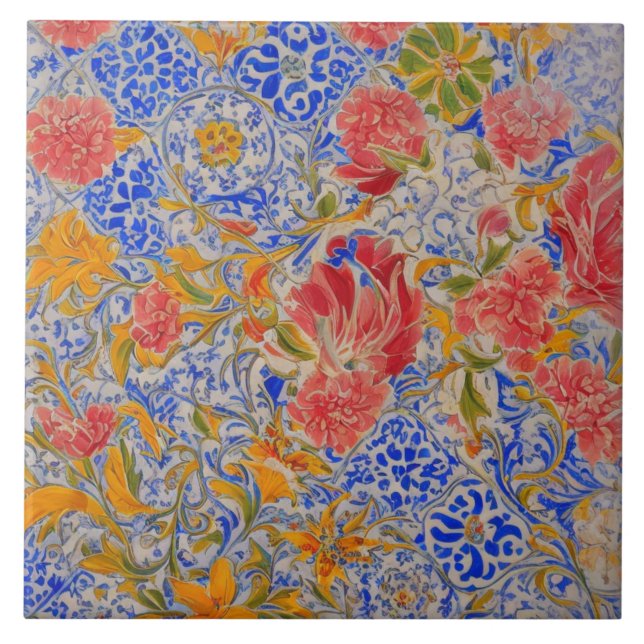 Azulejo de cerâmica floral colorido (Frente)