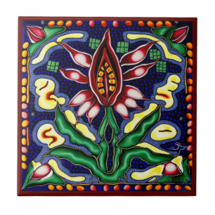 Azulejo de cerâmica lírica do estilo huichol mexic