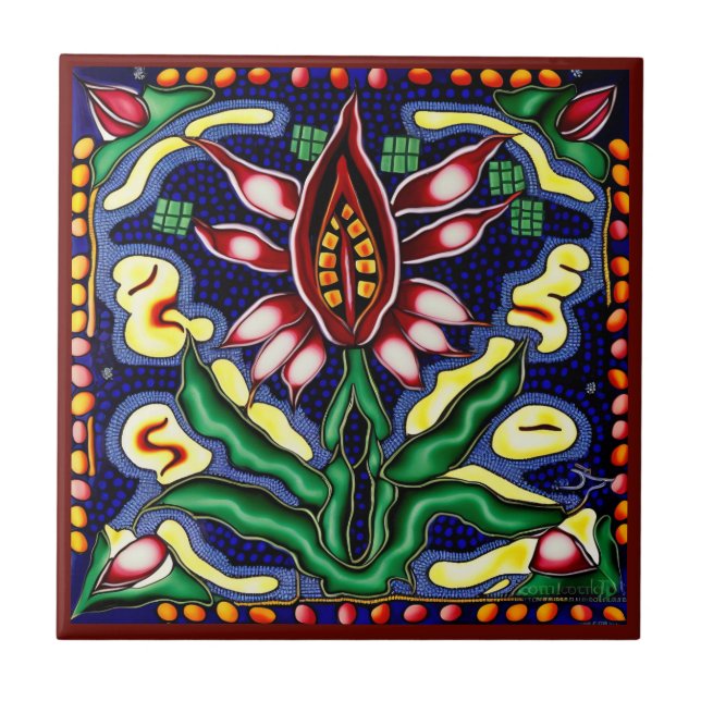 Azulejo de cerâmica lírica do estilo huichol mexic (Frente)