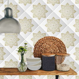 Azulejo de cerâmica, medalhão amarelo em branco