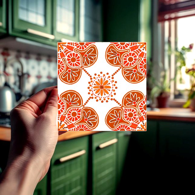 Azulejo de cerâmica para cozinha ou banho, design  (Orange and white geometric repeating tile for the kitchen.)